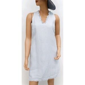 Tommy Bahama Blue White Striped Linen Sundress Fray Raw Hem Sleeveless XS Nautic